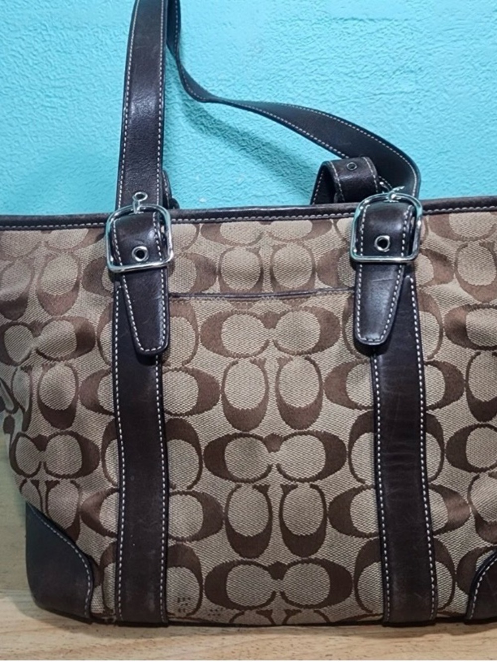 Coach Brown Signature Canvas Tote with Dark Brown Leather Trim